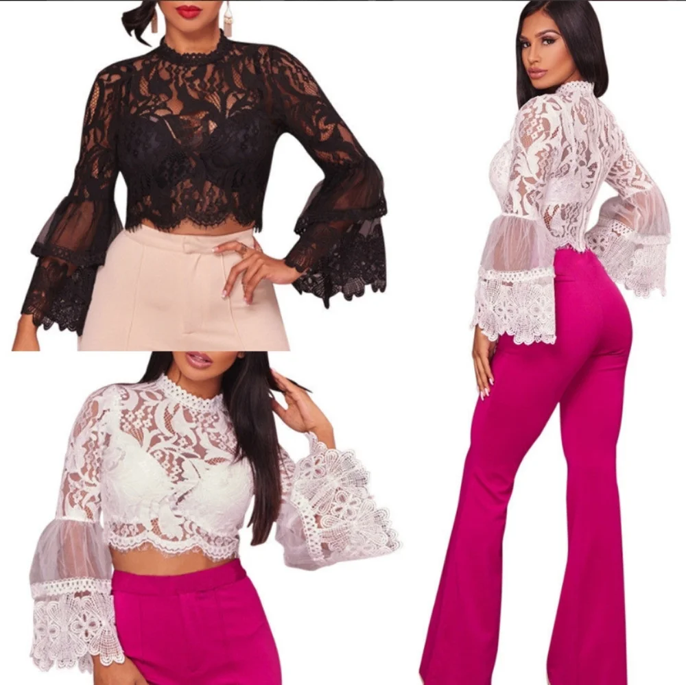 Forever 21 Lace Design Bell Sleeve Crop Top - Picture 2 of 9